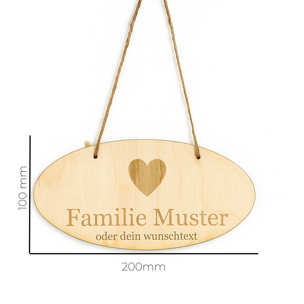 Personalisierbares Türschild aus Holz – Ovales Namensschild mit Herzgravur | 30 % Rabatt auf die ersten 5 Stück!