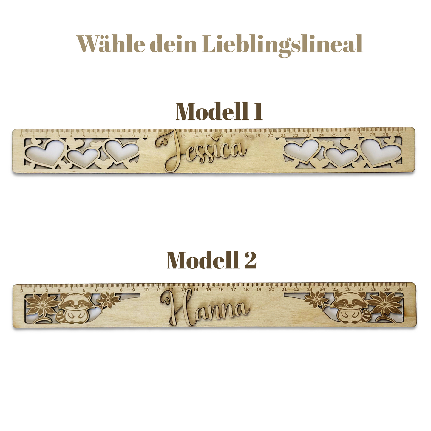 Personalisierter Holz-Lineal mit 3D Namen – Modellwahl & Gravur – Geschenk zum Schulanfang