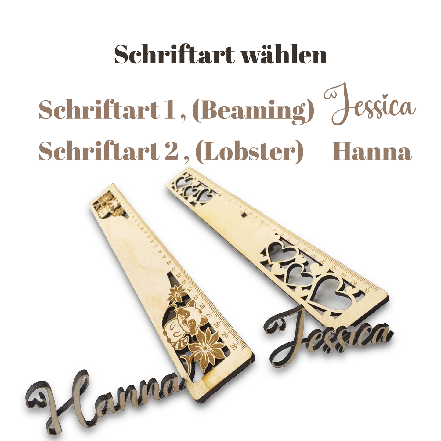 Personalisierter Holz-Lineal mit 3D Namen – Modellwahl & Gravur – Geschenk zum Schulanfang