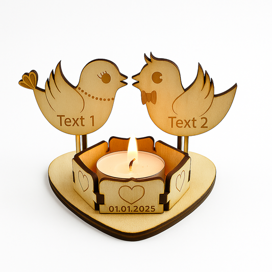 Personalisierter Teelichthalter aus Holz – Vögel mit Namen & Datum | 30 % Rabatt auf die ersten 5 Stück!