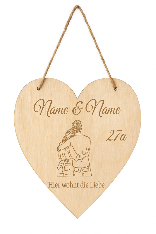 Personalisierte Türschild Herz aus Holz – Mit Namen, Hausnummer & Spruch  | 30 % Rabatt auf die ersten 5 Stück!