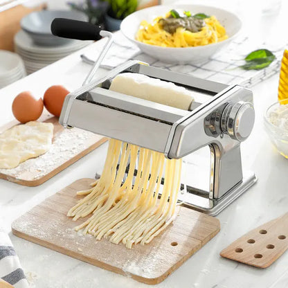 Frische Nudeln Maschine, Manuell mit 3 Walzen für Spaghetti, Tagliatelle, Lasagne, Einstellbare Nudeldicke, Inkl. Rezepte, Metall, Grau, Mittelgroß